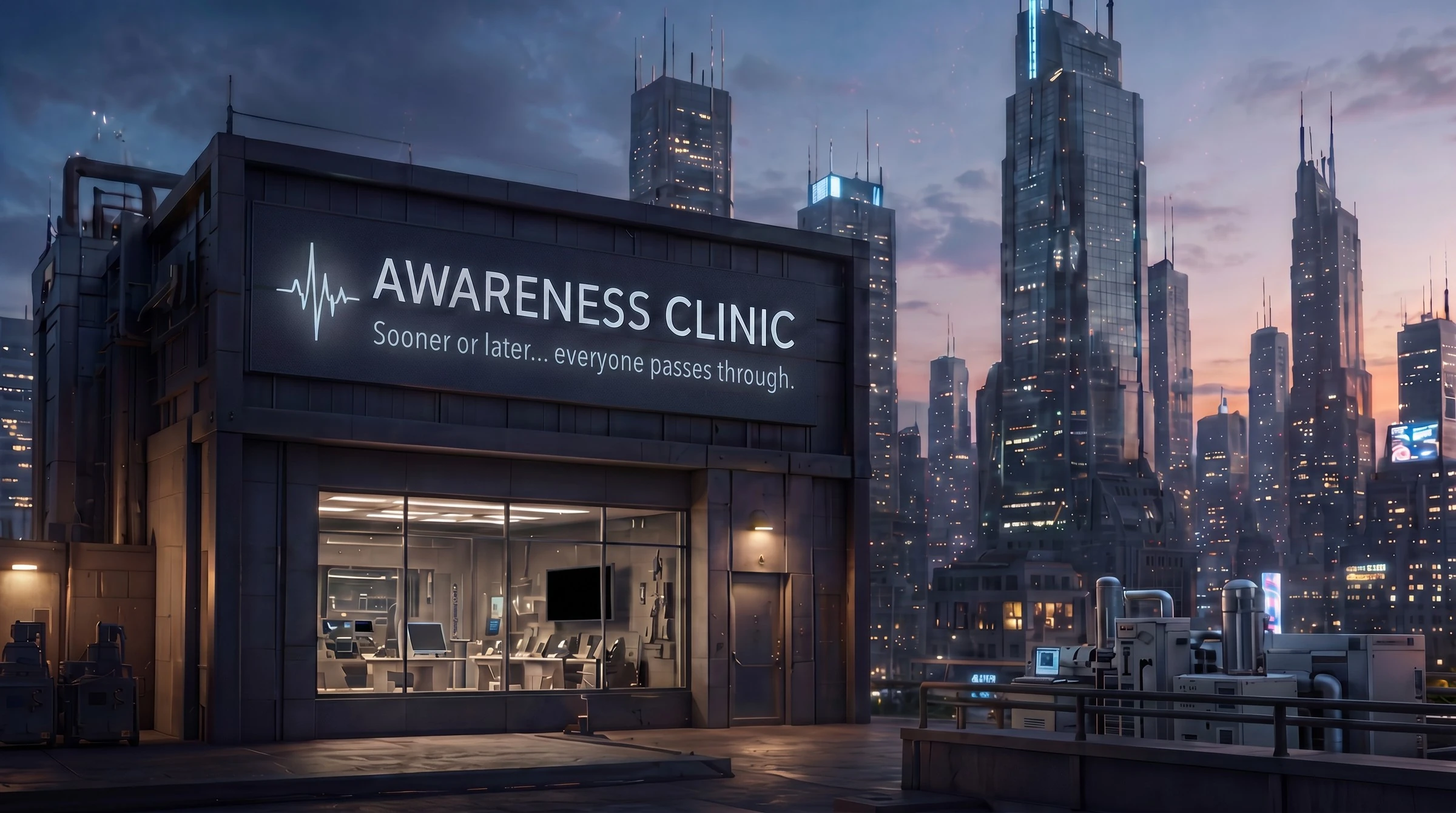The Awareness Clinic exterior at night, Continuum Prime skyline
