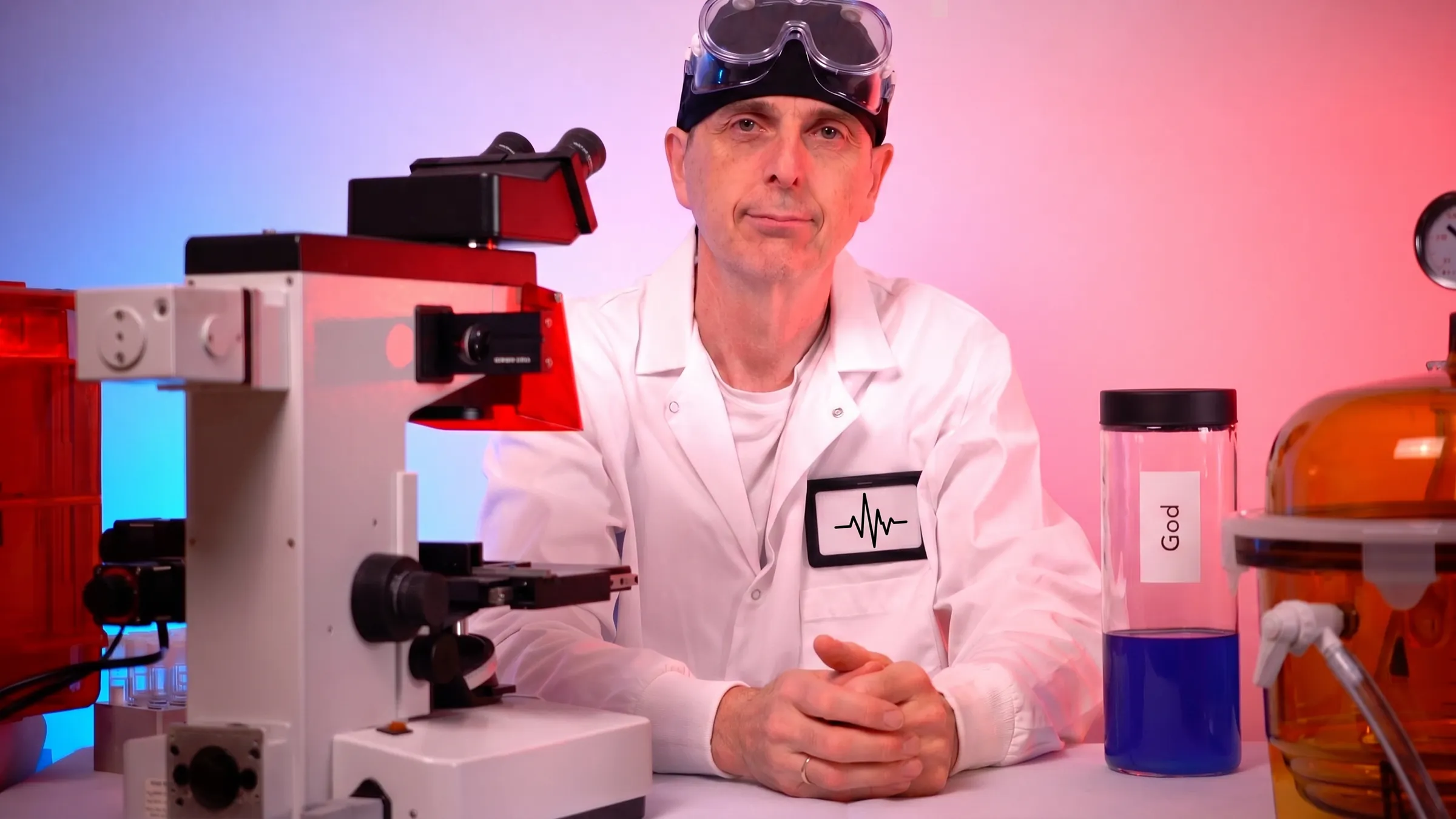 The Chief Signal Surgeon at the lab bench, wearing the clinic signal-waveform badge