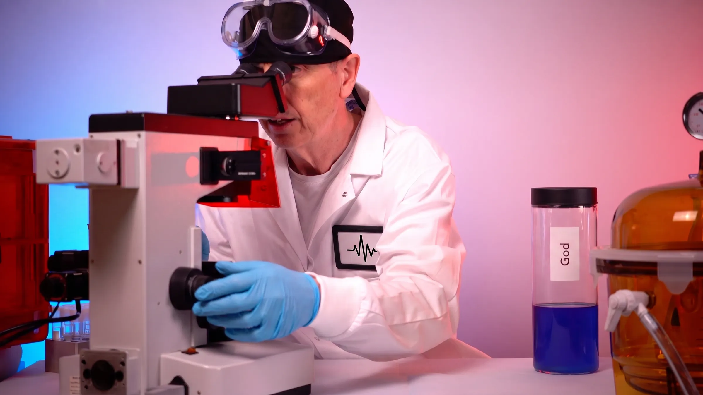 The Chief Signal Surgeon examining a sample under the microscope, wearing the clinic signal-waveform badge